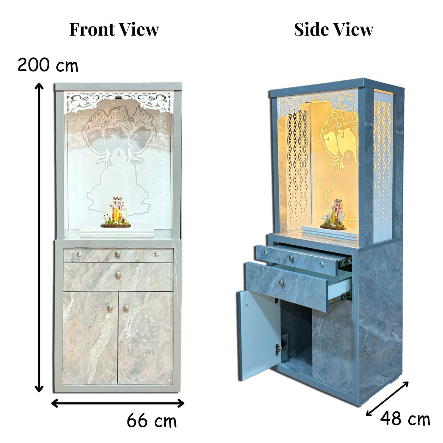 Decorative Acrylic Preassembled Pooja Temple /Mandir with Door for Home with LED Light, 2 Drawer & Cupboard