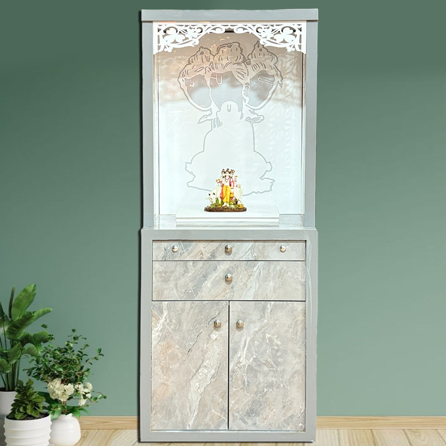 Decorative Acrylic Preassembled Pooja Temple /Mandir with Door for Home with LED Light, 2 Drawer & Cupboard