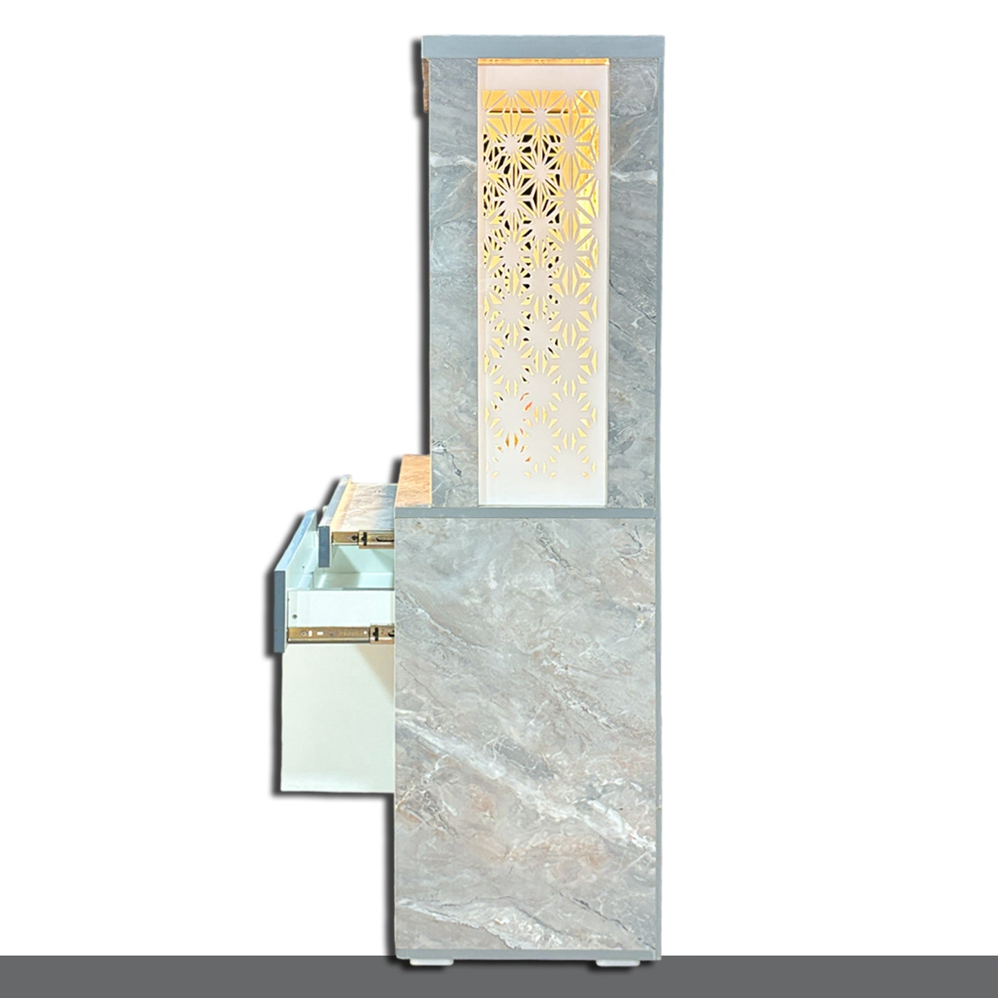 Decorative Acrylic Preassembled Pooja Temple /Mandir with Door for Home with LED Light, 2 Drawer & Cupboard