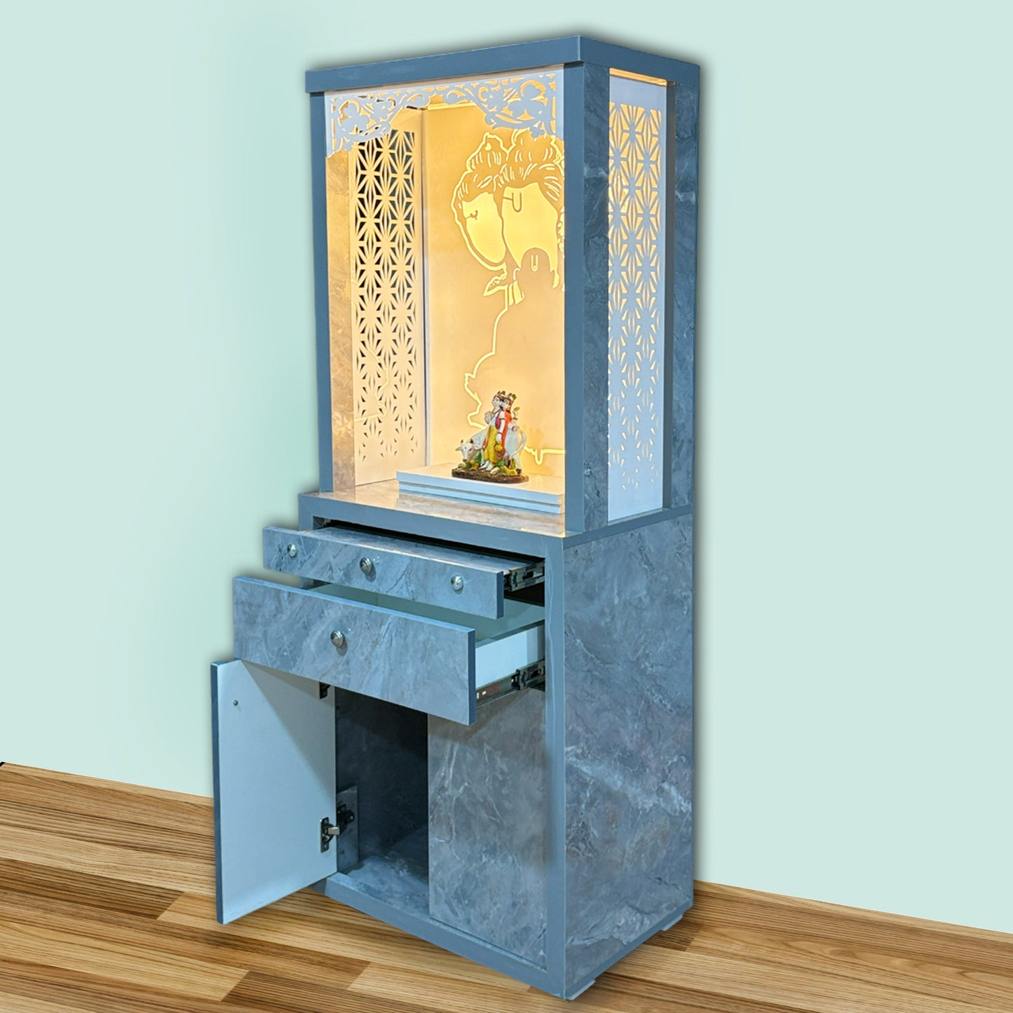 Decorative Acrylic Preassembled Pooja Temple /Mandir with Door for Home with LED Light, 2 Drawer & Cupboard