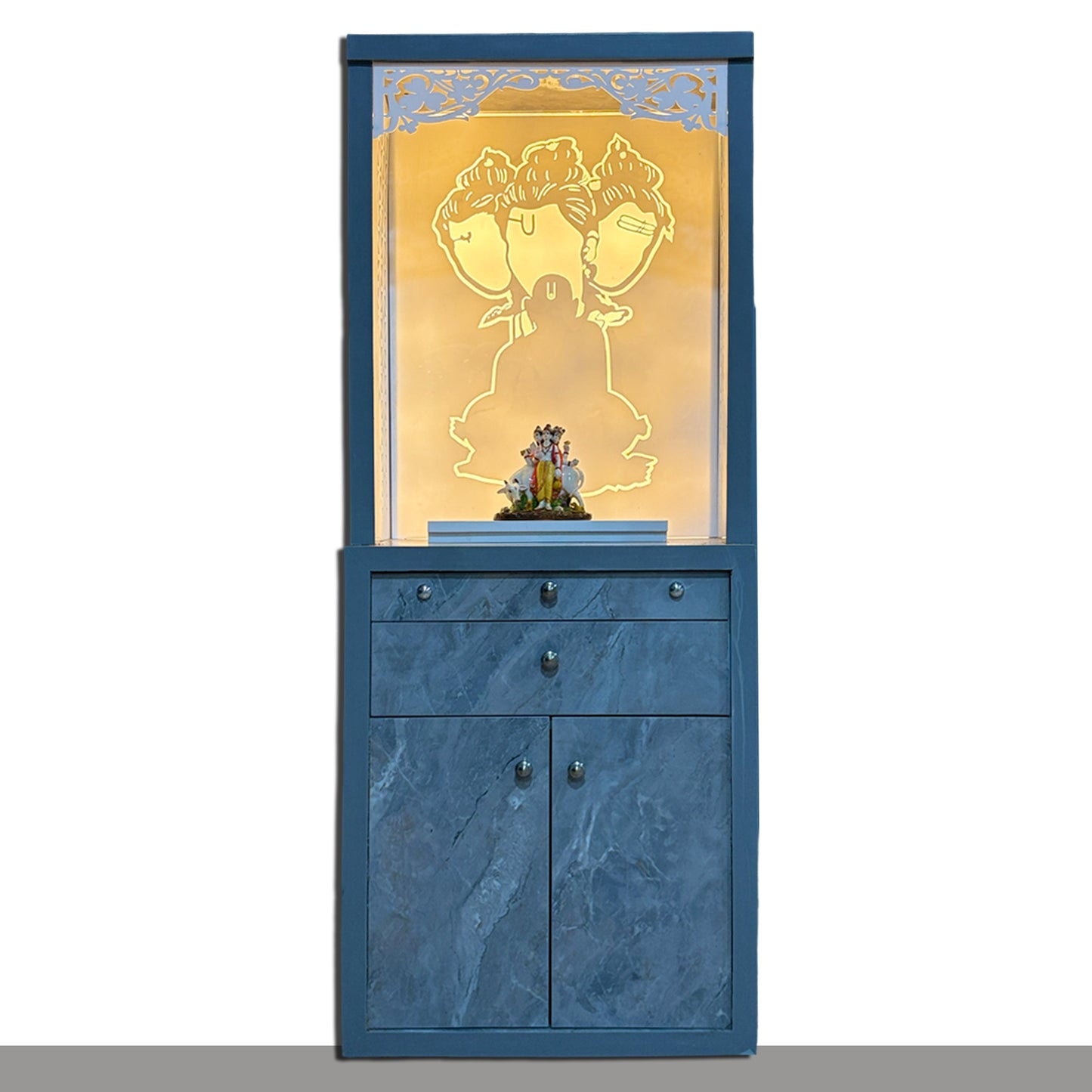 Decorative Acrylic Preassembled Pooja Temple /Mandir with Door for Home with LED Light, 2 Drawer & Cupboard