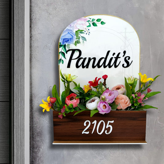 Acrylic Nameplate|Acrylic Door Name Plate for Home Entrance (Bunch of Flowers)