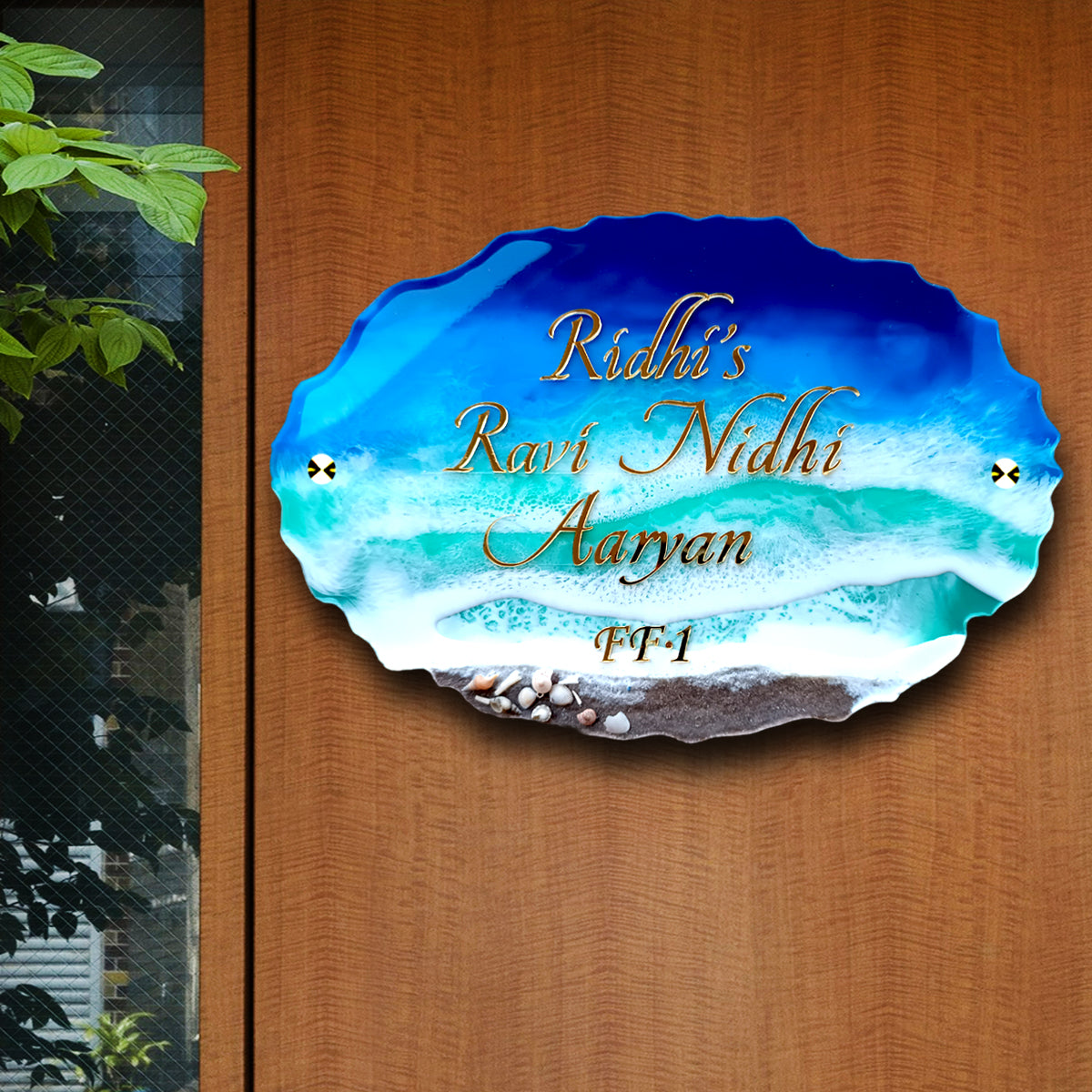 Resin Artwork|Beach Theme Resin & Acrylic Door Name Plate for Home Entrance