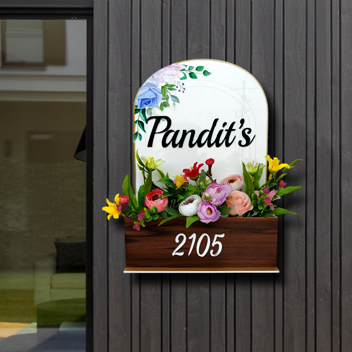 Acrylic Nameplate|Acrylic Door Name Plate for Home Entrance (Bunch of Flowers)