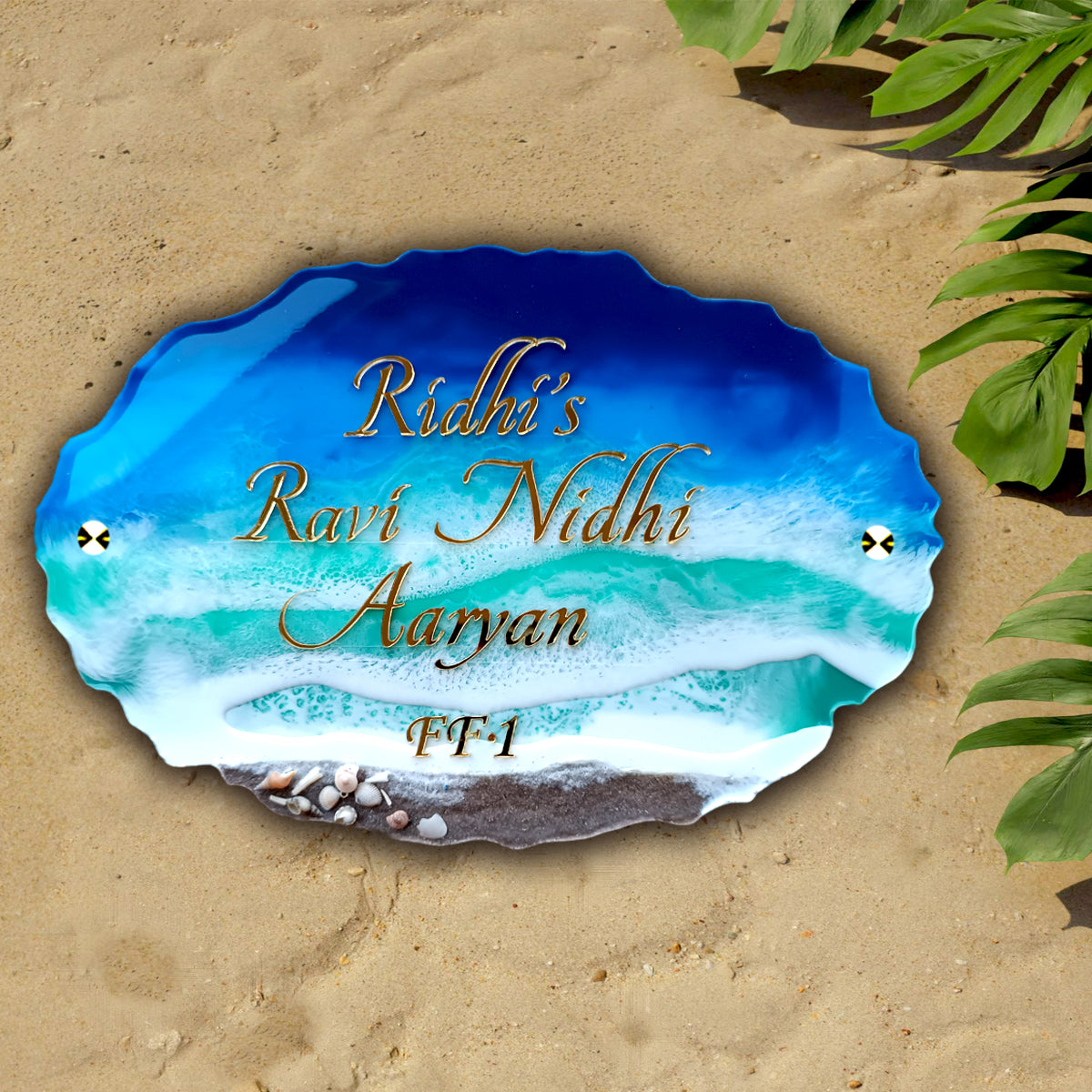 Resin Artwork|Beach Theme Resin & Acrylic Door Name Plate for Home Entrance